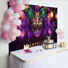 Lofaris Purple Masquerade Night Backdrop, Mardi Gras Mask and Green Feathers Party Banner
