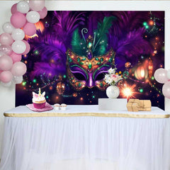Lofaris Jeweled Masquerade Ball Backdrop, Purple Feather Mask with Golden Bokeh Lights Banner