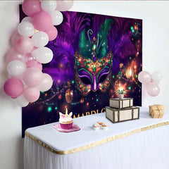 Lofaris Jeweled Masquerade Ball Backdrop, Purple Feather Mask with Golden Bokeh Lights Banner