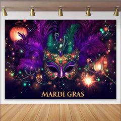 Lofaris Jeweled Masquerade Ball Backdrop, Purple Feather Mask with Golden Bokeh Lights Banner