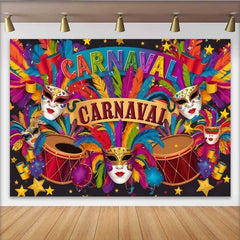 Lofaris Colorful Carnaval Party Backdrop, Festive Mask and Drum Celebration Banner for Studio
