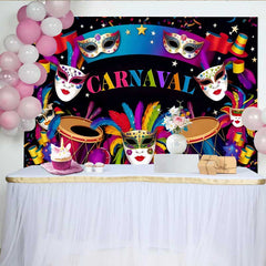 Lofaris Dark Night Carnaval Backdrop, Vibrant Mask and Drum Celebration Banner for Party