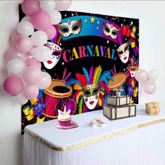 Lofaris Dark Night Carnaval Backdrop, Vibrant Mask and Drum Celebration Banner for Party