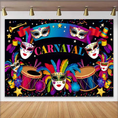 Lofaris Dark Night Carnaval Backdrop, Vibrant Mask and Drum Celebration Banner for Party