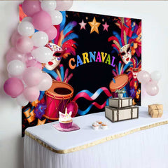 Lofaris Sleek Black Carnaval Backdrop, Modern Mask and Drum Celebration Party Banner