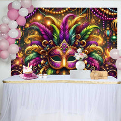 Lofaris Mardi Gras Grand Gala Backdrop, Multi-Color Feather Mask and Golden Beads Banner