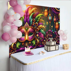 Lofaris Warm Mardi Gras Celebration Backdrop, Feathered Mask and Golden Lantern Banner