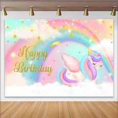 Lofaris Sleeping Winged Unicorn Backdrop, Dreamy Rainbow and Hanging Gold Stars Banner