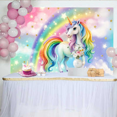 Lofaris Rainbow Mane Unicorn Backdrop, Magical Starry Sky and Pastel Cloud Party Banner