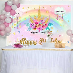 Lofaris Unicorn Face Floral Backdrop, Raining Heart Clouds and Gold Horn Birthday Banner