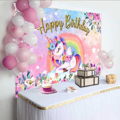 Lofaris Floral Unicorn Rose Backdrop, Sleeping Winged Unicorn and Pink Garden Birthday Banner