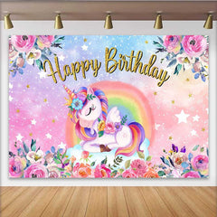Lofaris Floral Unicorn Rose Backdrop, Sleeping Winged Unicorn and Pink Garden Birthday Banner