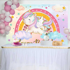Lofaris Winged Chubby Unicorn Backdrop, Colorful Rainbow and Pastel Cloud Birthday Party Banner