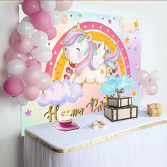 Lofaris Winged Chubby Unicorn Backdrop, Colorful Rainbow and Pastel Cloud Birthday Party Banner