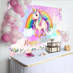 Lofaris Magical Unicorn Rainbow Backdrop, Floral and Pink Glitter Photography Background for Happy Birthday Party