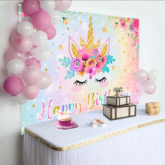 Lofaris Unicorn Happy Birthday Backdrop, Pastel Rainbow Glitter Floral Gold Star Party Background for Girls