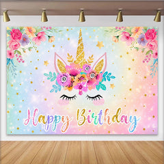 Lofaris Unicorn Happy Birthday Backdrop, Pastel Rainbow Glitter Floral Gold Star Party Background for Girls
