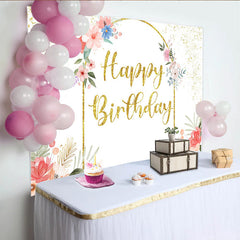 Lofaris Elegant Floral Gold Arch Birthday Backdrop, Pink and Blue Flower Glitter Party Decoration for Women