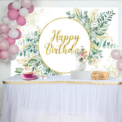 Lofaris Greenery Eucalyptus Birthday Backdrop, Gold Circular Frame and Glitter Leaf Party Decoration
