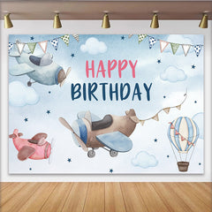 Lofaris Watercolor Airplane Birthday Backdrop, Hot Air Balloon and Cloud Sky Party Background for Boys