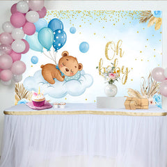 Lofaris Sleeping Bear on Cloud Baby Shower Backdrop, Blue Balloons and Pampas Grass for Boy