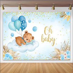 Lofaris Sleeping Bear on Cloud Baby Shower Backdrop, Blue Balloons and Pampas Grass for Boy
