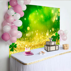 Lofaris Golden Glitter Wave and Green Shamrock St Patricks Day Backdrop, Lucky Clover Grass Background