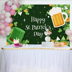 Lofaris Happy St. Patrick's Day Backdrop, Green Top Hat and Beer Mug with Gold Coins Clover Decor