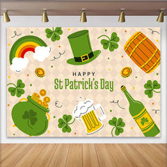 Lofaris St. Patrick's Day Backdrop, Cartoon Rainbow and Luck Pot of Gold with Beer and Green Hat