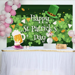 Lofaris Happy St. Patrick's Day Backdrop, Clover Leaves with Beer and Lucky Coins Festive Background