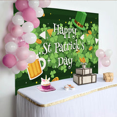 Lofaris Happy St. Patrick's Day Backdrop, Clover Leaves with Beer and Lucky Coins Festive Background