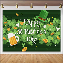 Lofaris Happy St. Patrick's Day Backdrop, Clover Leaves with Beer and Lucky Coins Festive Background