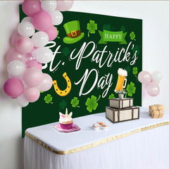 Lofaris St. Patrick Day Horseshoe and Beer Mug Backdrop, Green Lucky Shamrock Party Decor