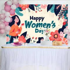 Lofaris Illustrated Womens Day Backdrop, Smiling Women and Giant Flowers, Empowerment Celebration Banner