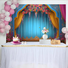 Lofaris Floral Arch Stage Backdrop, Ornate Blue Theater Frame, Wedding and Event Photography Banner