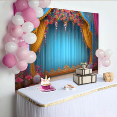 Lofaris Floral Arch Stage Backdrop, Ornate Blue Theater Frame, Wedding and Event Photography Banner