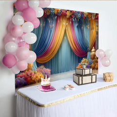 Lofaris Grand Floral Stage Backdrop, Ornate Pillars and Lanterns, Royal Wedding Party Banner