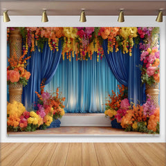 Lofaris Royal Floral Stage Backdrop, Blue Curtains and Vibrant Flower Pillars, Event Party Banner