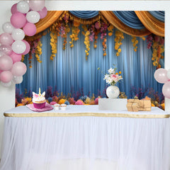 Lofaris Hanging Flower Stage Backdrop, Blue Curtains with Yellow Floral Vines, Party Photo Banner