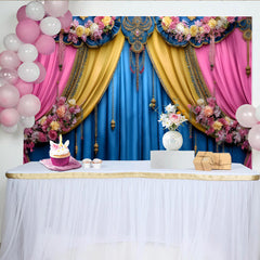 Lofaris Ornate Jewelry Stage Backdrop, Blue and Pink Theater Curtains, Luxury Gala Party Banner