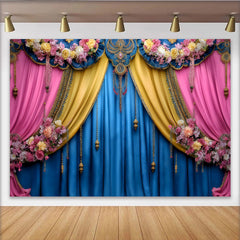 Lofaris Ornate Jewelry Stage Backdrop, Blue and Pink Theater Curtains, Luxury Gala Party Banner