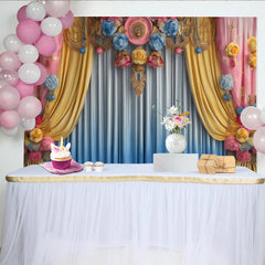 Lofaris Pastel Floral Stage Backdrop, Yellow and Blue Drapes with Pink Ornaments, Party Banner