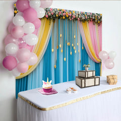 Lofaris Teal Blue Stage Backdrop, Pink Yellow Swag and Golden Leaf Strands, Wedding Party Banner