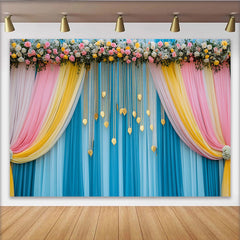 Lofaris Teal Blue Stage Backdrop, Pink Yellow Swag and Golden Leaf Strands, Wedding Party Banner