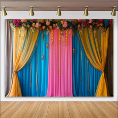 Lofaris Blue Pink Stage Backdrop, Yellow Swag Curtains and Golden Tassels, Floral Party Banner