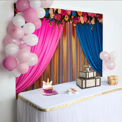 Lofaris Pink Blue Stage Backdrop, Golden Tinsel Strands and Flower Header, Celebration Party Banner