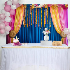 Lofaris Marigold Floral Stage Backdrop, Blue Curtains and Vibrant Hanging Flower Strings, Event Banner