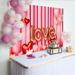 Lofaris Valentine's Day LOVE Backdrop, Pink Striped Heart Balloons Romantic Photography Background