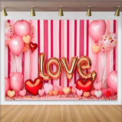 Lofaris Valentine's Day LOVE Backdrop, Pink Striped Heart Balloons Romantic Photography Background