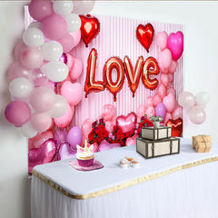 Lofaris Valentine's Day LOVE Backdrop, White Drapes and Red Rose Heart Balloons Background